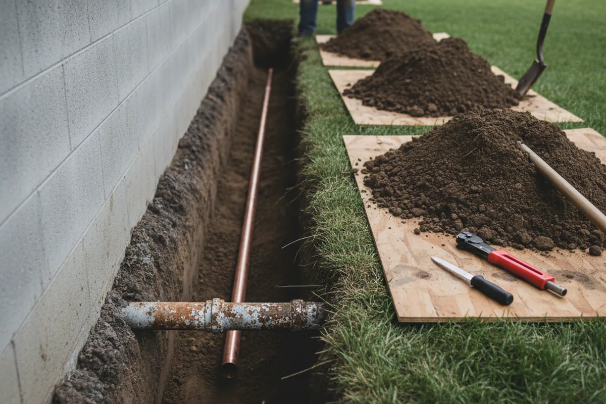 Excavated water line trench during Water Softener Installation in Toutle